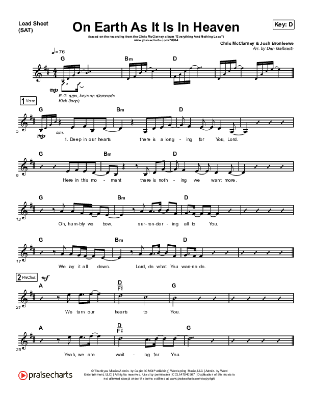 On Earth As It Is In Heaven Lead Sheet (SAT) (Chris McClarney / Kim Walker-Smith)