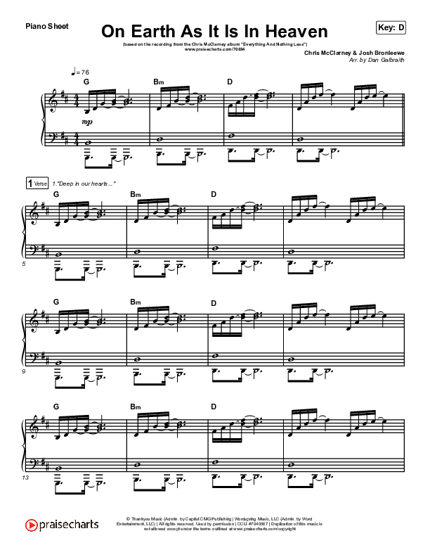 On Earth As It Is In Heaven Piano Sheet (Chris McClarney / Kim Walker-Smith)