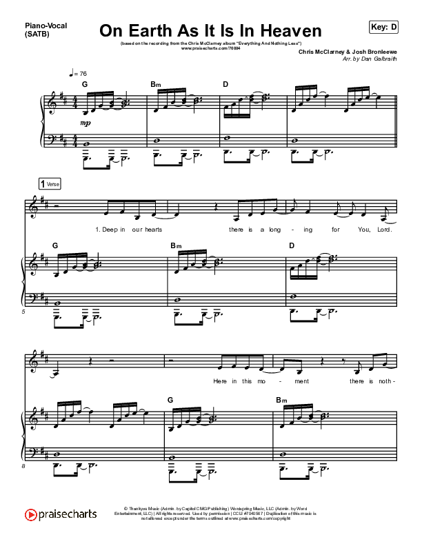On Earth As It Is In Heaven Piano/Vocal (SATB) (Chris McClarney / Kim Walker-Smith)