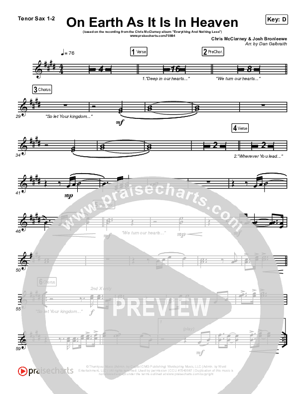 On Earth As It Is In Heaven Tenor Sax 1/2 (Chris McClarney / Kim Walker-Smith)