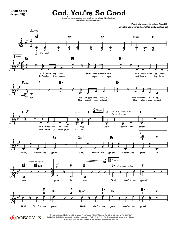 God You're So Good Lead Sheet (Melody) (Passion / Kristian Stanfill / Melodie Malone)
