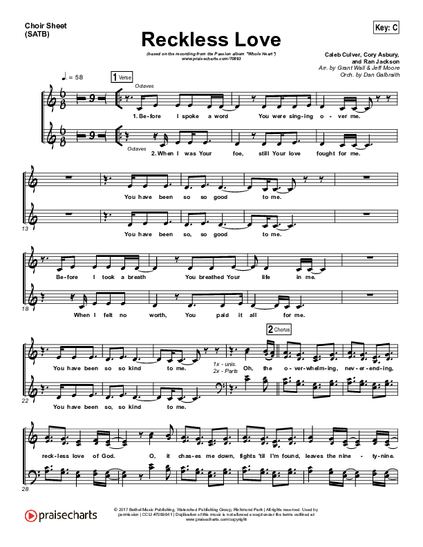 Reckless Love Choir Sheet (SATB) (Passion / Melodie Malone)