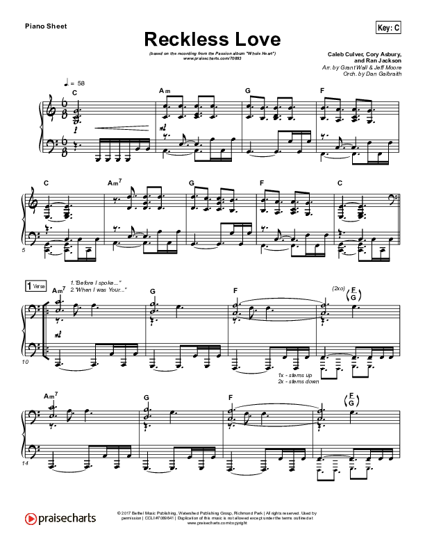 Reckless Love Piano Sheet (Passion / Melodie Malone)