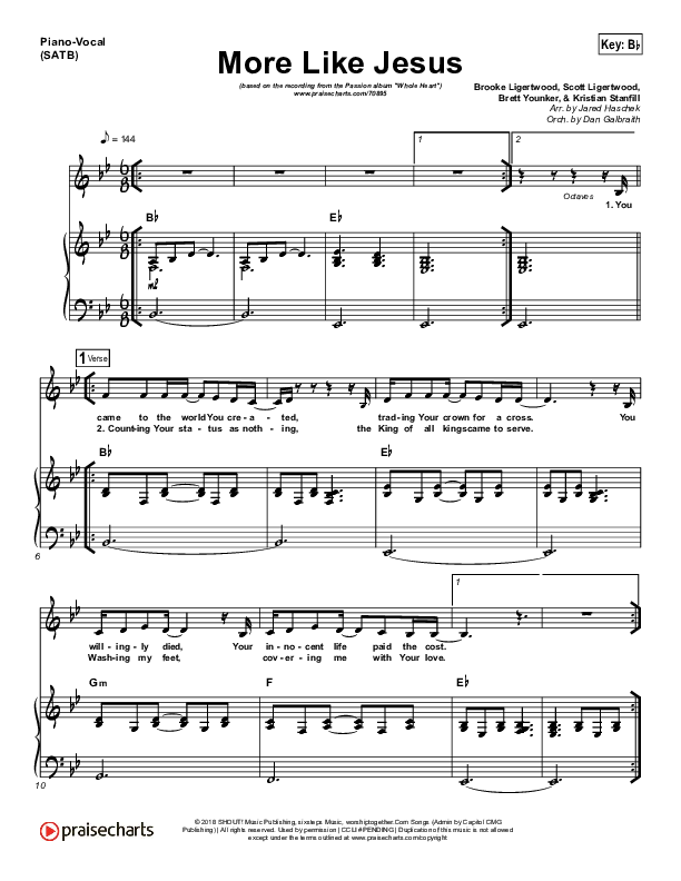 More Like Jesus Piano/Vocal (SATB) (Passion / Kristian Stanfill)