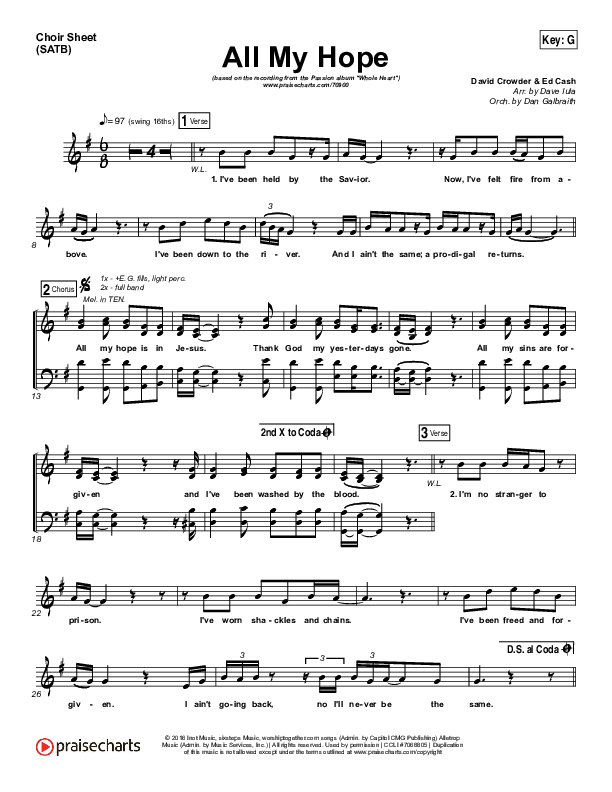 All My Hope Choir Sheet (SATB) (Passion / Crowder / Tauren Wells)