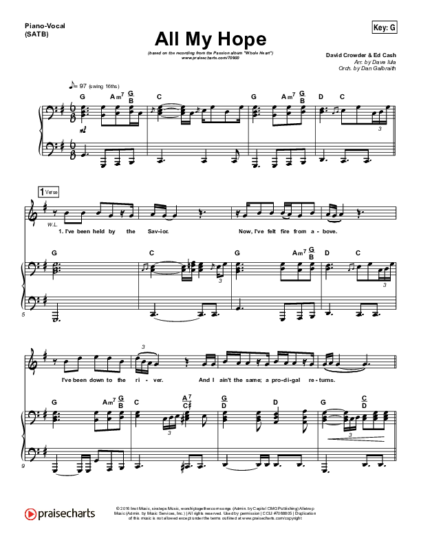 All My Hope Piano/Vocal (SATB) (Passion / Crowder / Tauren Wells)