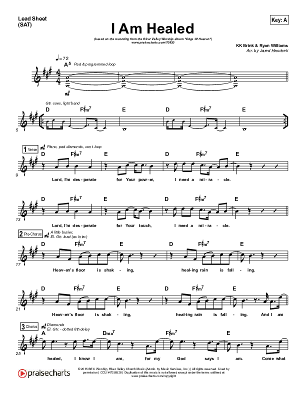 I Am Healed Lead Sheet (SAT) (River Valley Worship)