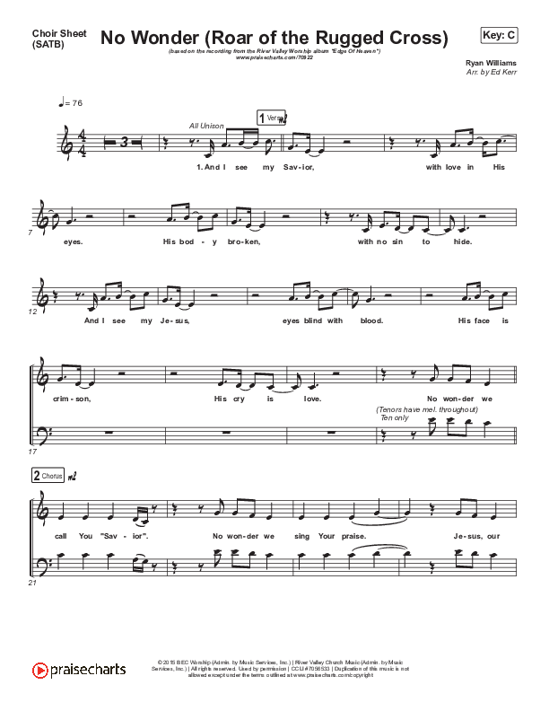 No Wonder (Roar Of The Rugged Cross) Choir Vocals (SATB) (River Valley Worship)