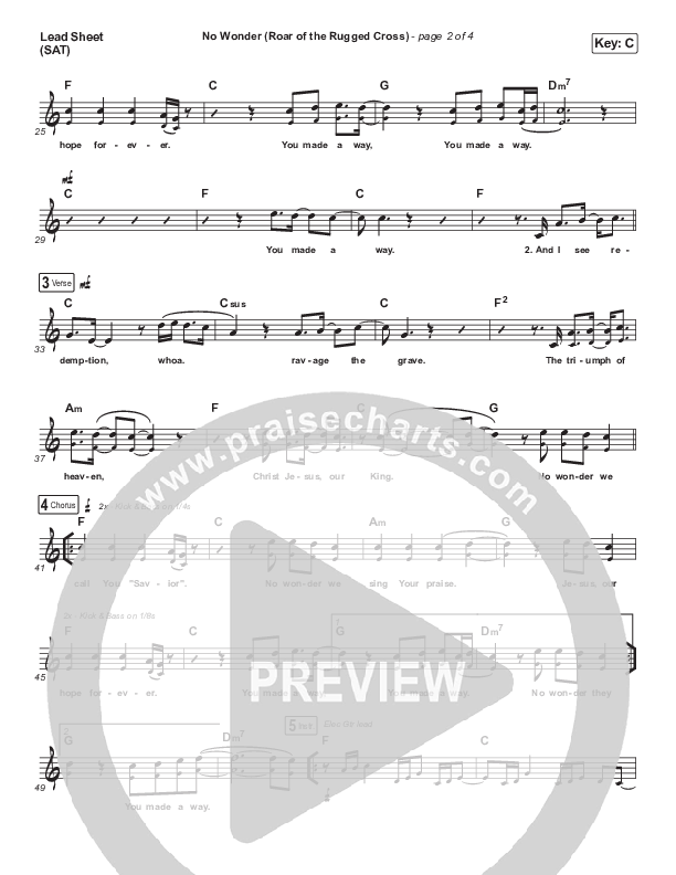 No Wonder (Roar Of The Rugged Cross) Lead Sheet (SAT) (River Valley Worship)
