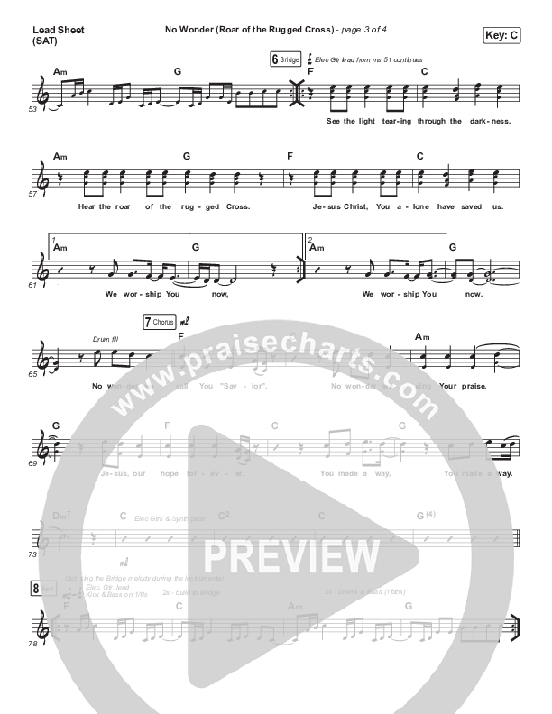 No Wonder (Roar Of The Rugged Cross) Lead Sheet (SAT) (River Valley Worship)
