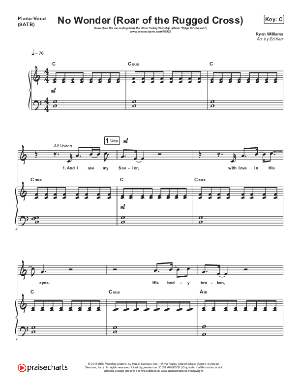 No Wonder (Roar Of The Rugged Cross) Piano/Vocal Pack (River Valley Worship)