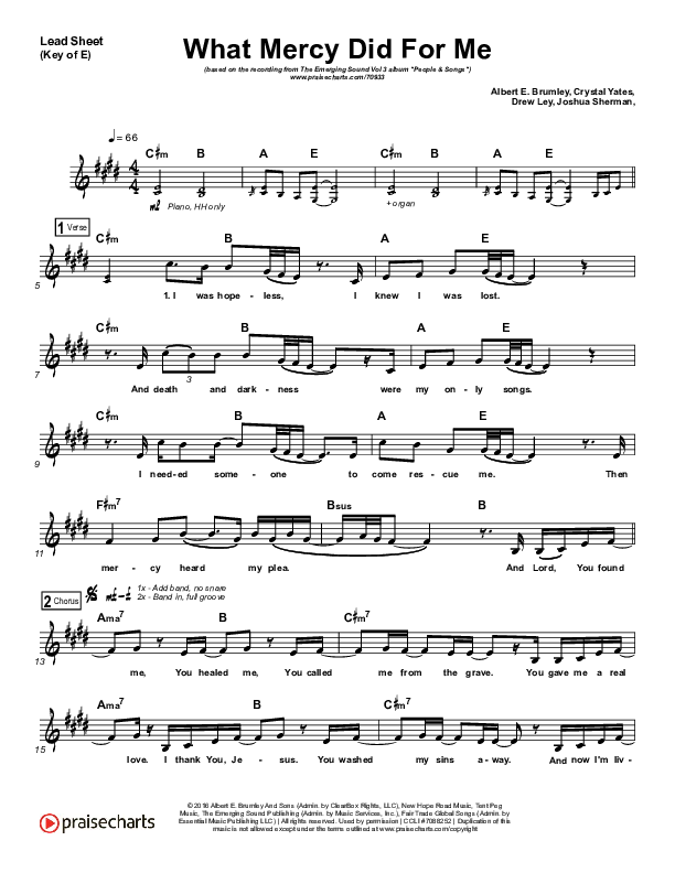 What Mercy Did For Me Lead Sheet (Melody) (People & Songs / Crystal Yates / Micah Tyler / Joshua Sherman)