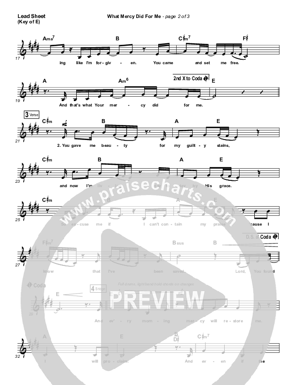What Mercy Did For Me Lead Sheet (Melody) (People & Songs / Crystal Yates / Micah Tyler / Joshua Sherman)