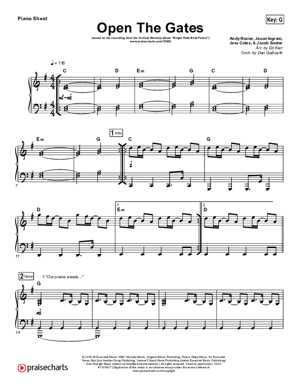 Open The Gates Piano Sheet (Vertical Worship)