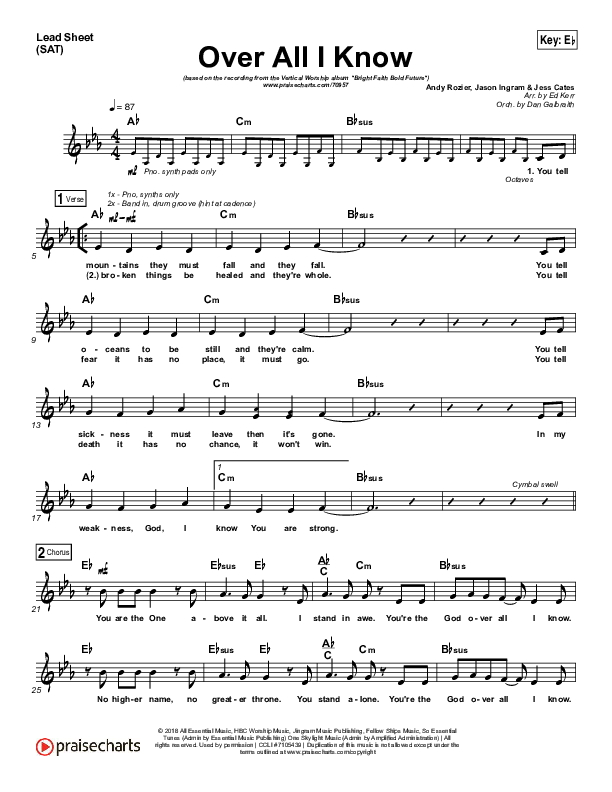 Over All I Know Lead Sheet (SAT) (Vertical Worship)