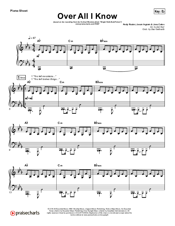 Over All I Know Piano Sheet (Vertical Worship)