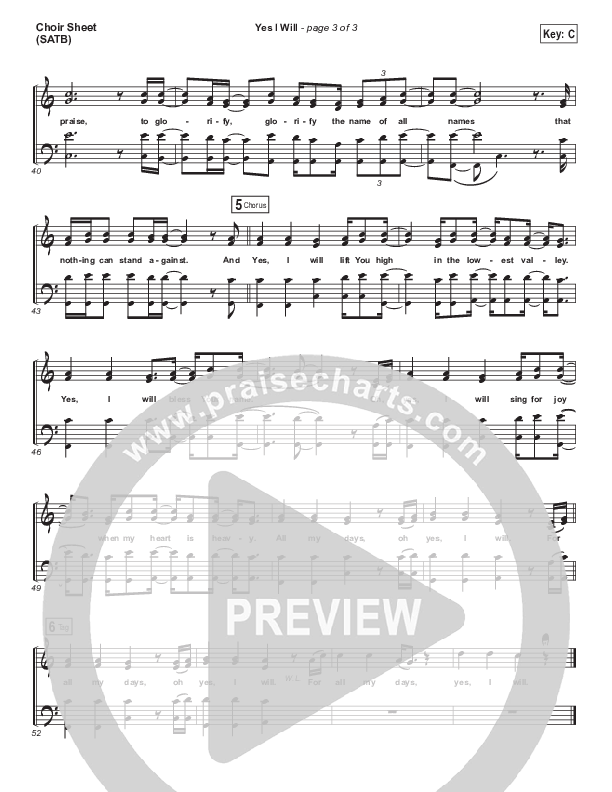 Yes I Will Choir Sheet (SATB) (Vertical Worship)