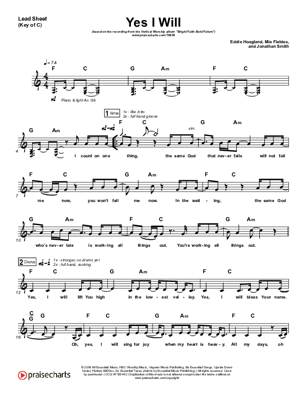 Yes I Will Lead Sheet (Melody) (Vertical Worship)