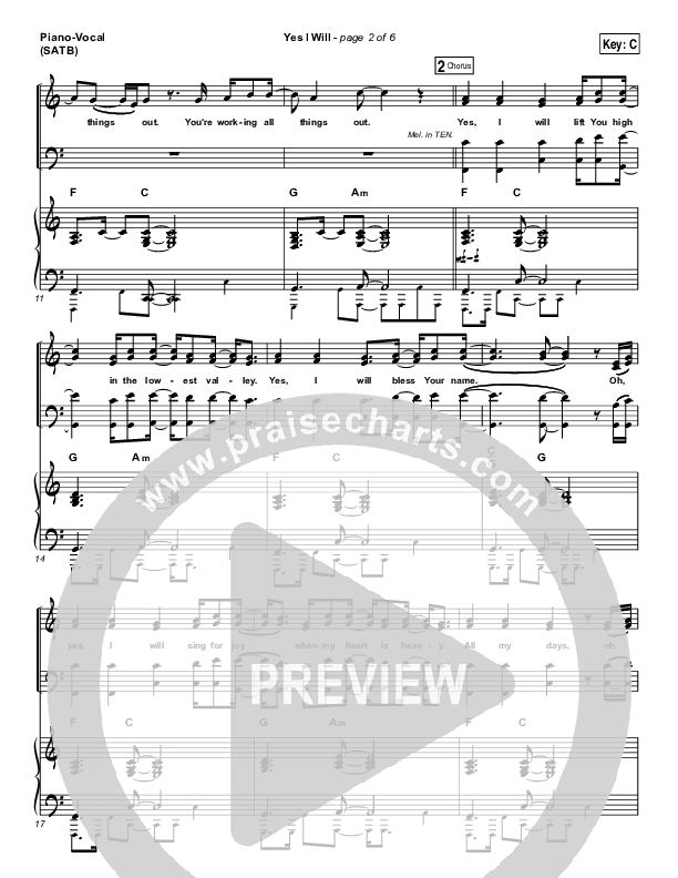 Yes I Will Piano/Vocal (SATB) (Vertical Worship)