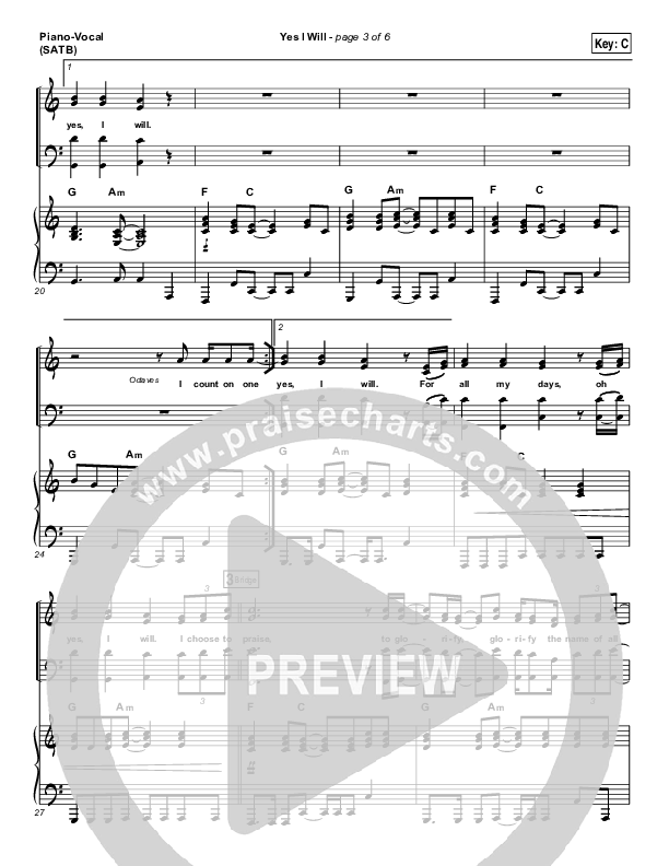 Yes I Will Piano/Vocal (SATB) (Vertical Worship)