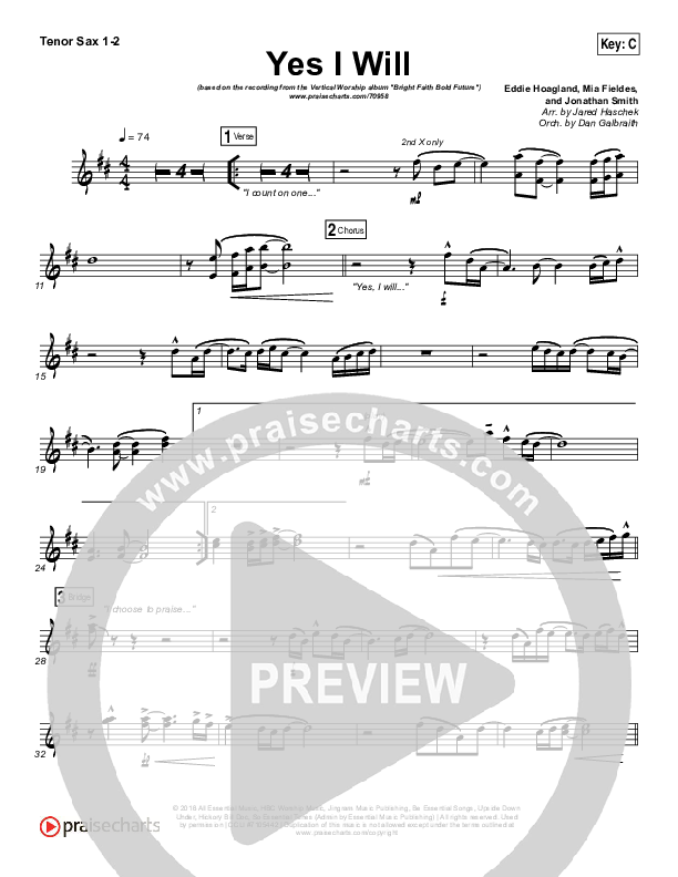 Yes I Will Tenor Sax 1,2 (Vertical Worship)