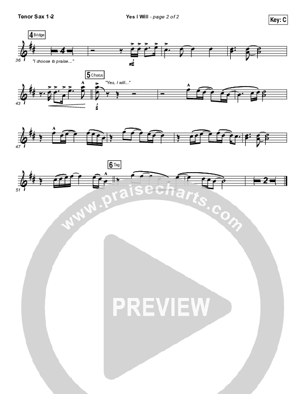 Yes I Will Tenor Sax 1,2 (Vertical Worship)