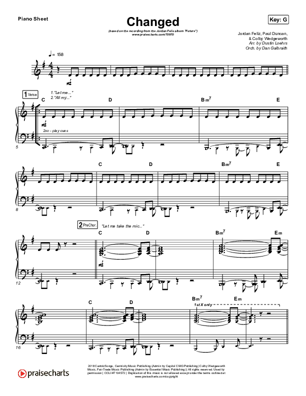 Changed Piano Sheet (Jordan Feliz)