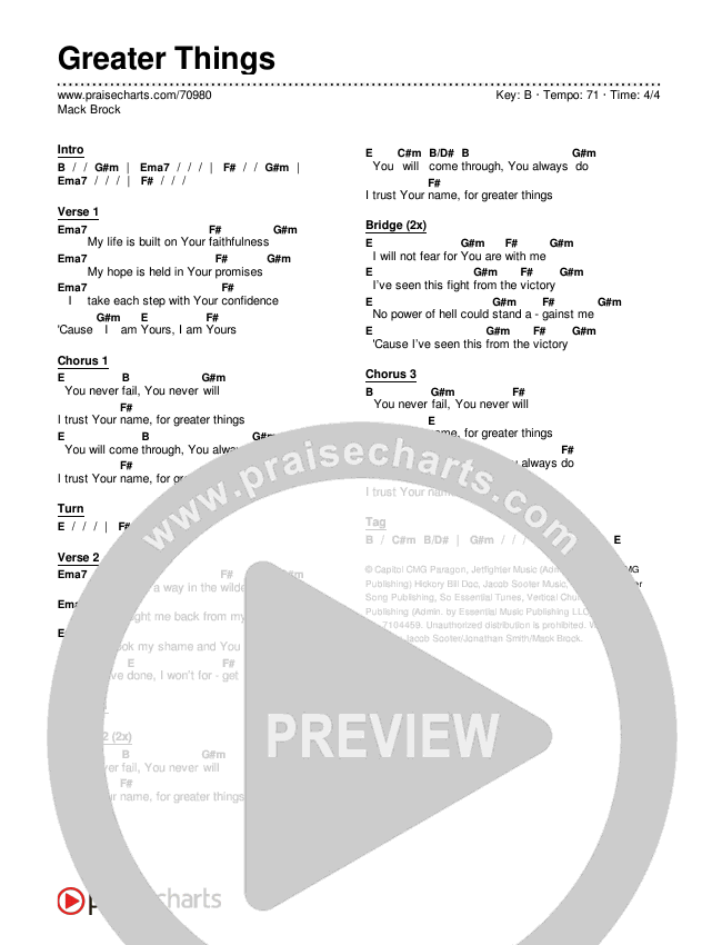 Greater Things Faith Worship Arts Chord Chart