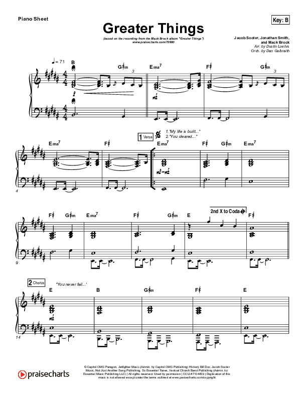 Greater Things Piano Sheet (Mack Brock)