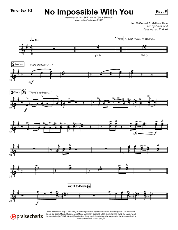 No Impossible With You Tenor Sax 1/2 (I Am They)