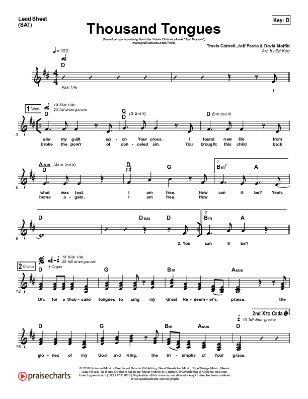 Thousand Tongues Lead Sheet (SAT) (Travis Cottrell)