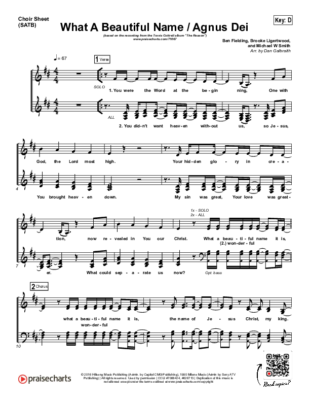 What A Beautiful Name / Agnus Dei (Medley) Choir Sheet (SATB) (Travis Cottrell)
