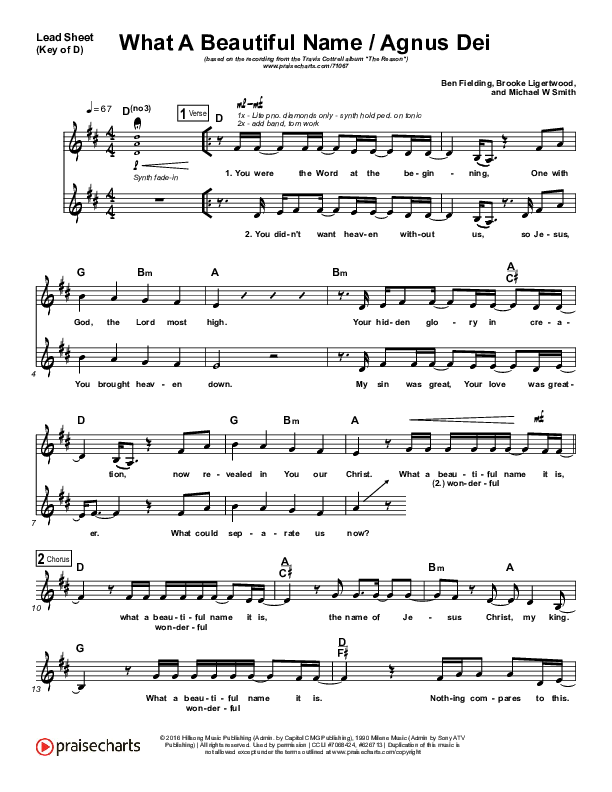 What A Beautiful Name / Agnus Dei (Medley) Lead Sheet (Melody) (Travis Cottrell)