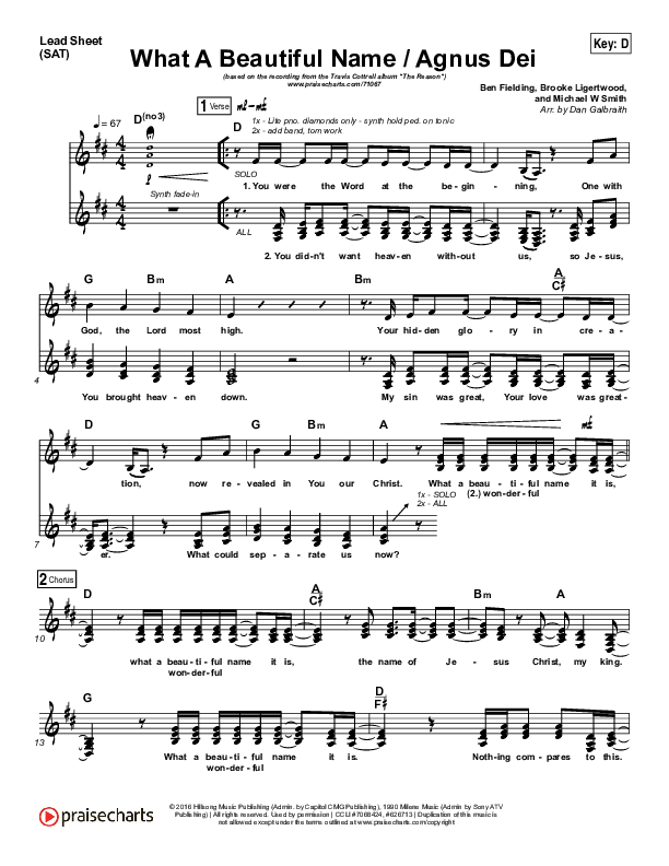 What A Beautiful Name / Agnus Dei (Medley) Lead Sheet (SAT) (Travis Cottrell)