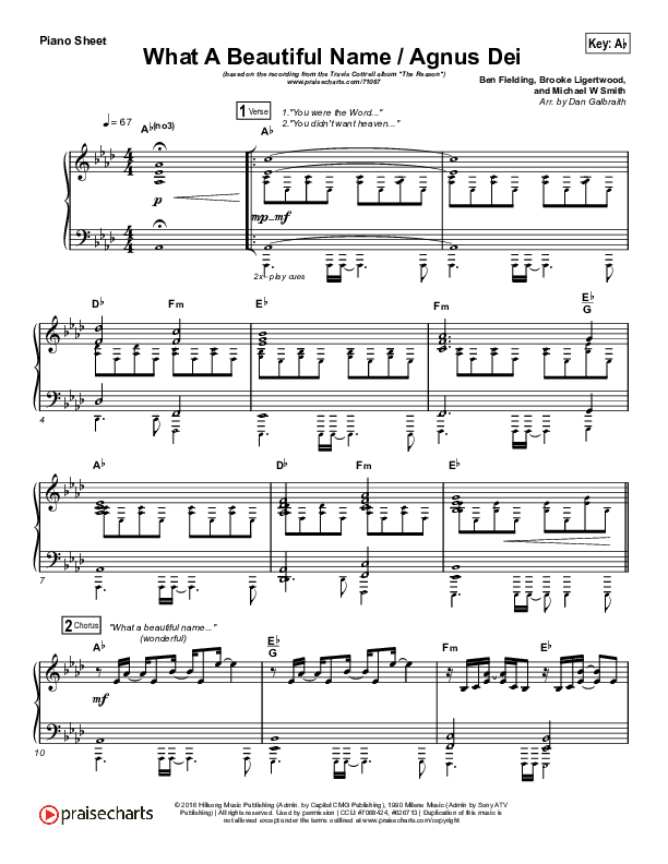 What A Beautiful Name / Agnus Dei (Medley) Piano Sheet (Travis Cottrell)