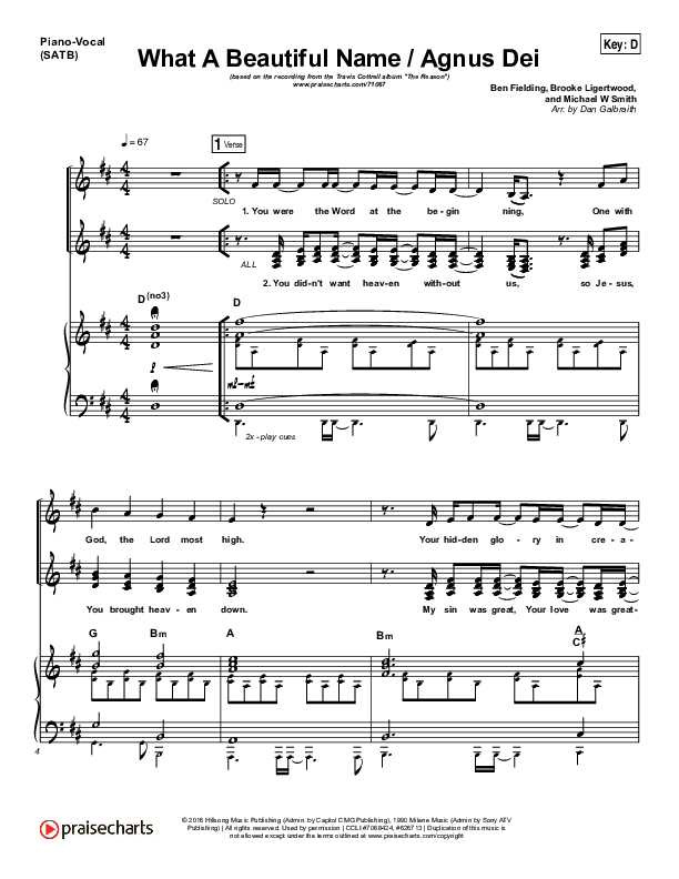 What A Beautiful Name / Agnus Dei (Medley) Piano/Vocal (SATB) (Travis Cottrell)