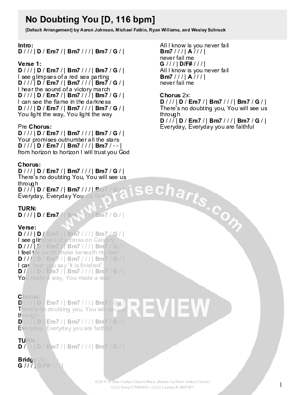 No Doubting You Chord Chart (River Valley Worship)
