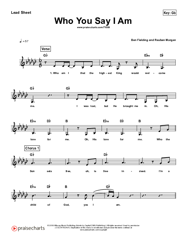 Who You Say I Am (Simplified) Lead Sheet (Hillsong Worship)