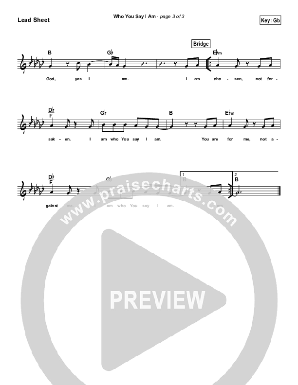 Who You Say I Am (Simplified) Lead Sheet (Hillsong Worship)