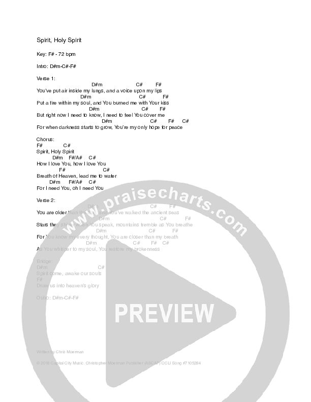 Spirit Holy Spirt Chords & Lyrics (Capital City Music / Rachel Jacques)