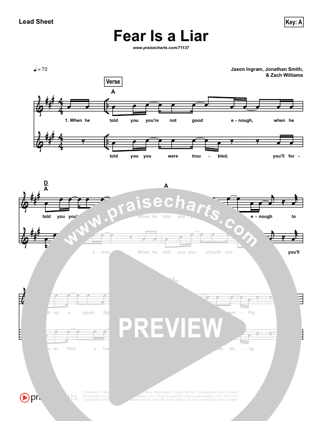 Fear Is A Liar (Simplified) Lead Sheet - Zach Williams | PraiseCharts