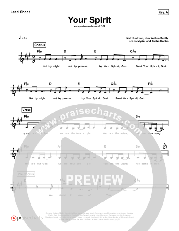 Your Spirit (Simplified) Lead Sheet (Tasha Cobbs Leonard / Kierra Sheard)