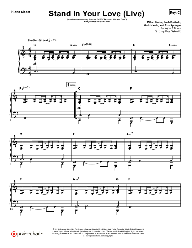 Stand In Your Love (Live) Piano Sheet (GATEWAY)