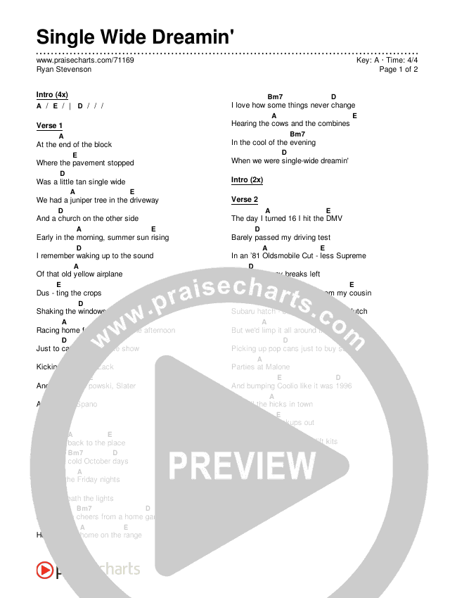 Single Wide Dreamin' Chords & Lyrics (Ryan Stevenson)