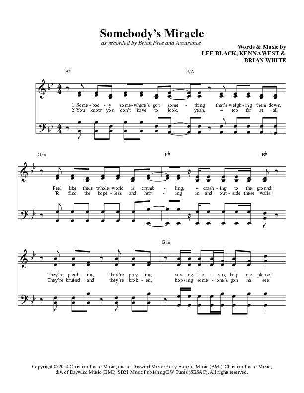 Somebody's Miracle Lead Sheet (Daywind Music)