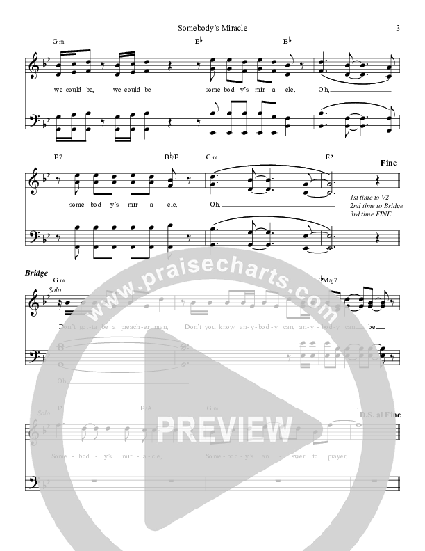 Somebody's Miracle Lead Sheet (Daywind Music)