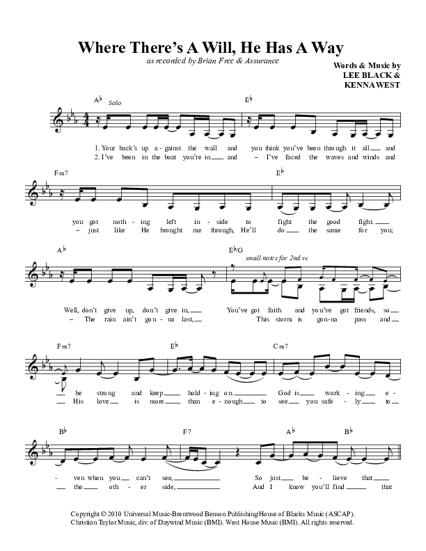 Where There’s A Will He Has A Way Lead Sheet (Daywind Music)