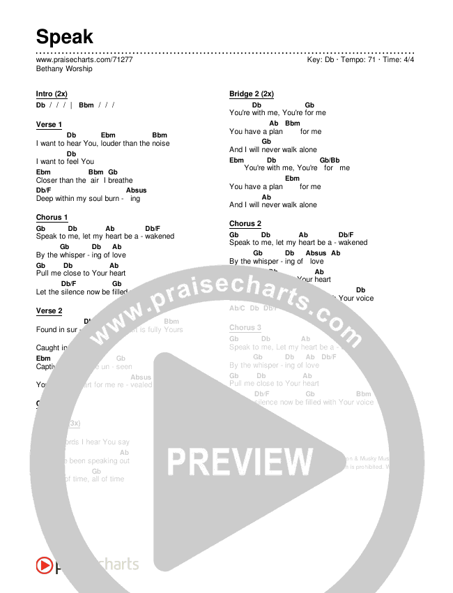 Speak Chords & Lyrics (Bethany Music)
