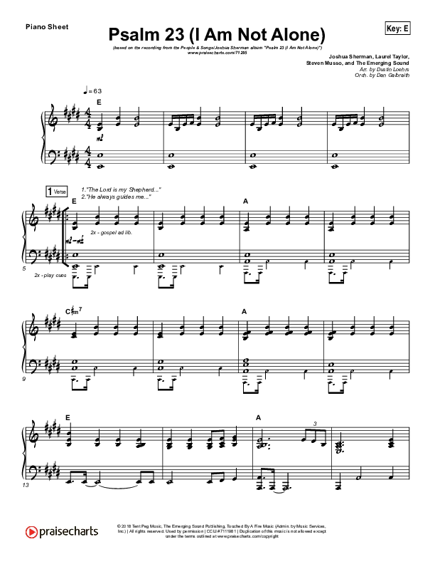 Psalm 23 (I Am Not Alone) Piano Sheet (People & Songs / Joshua Sherman)