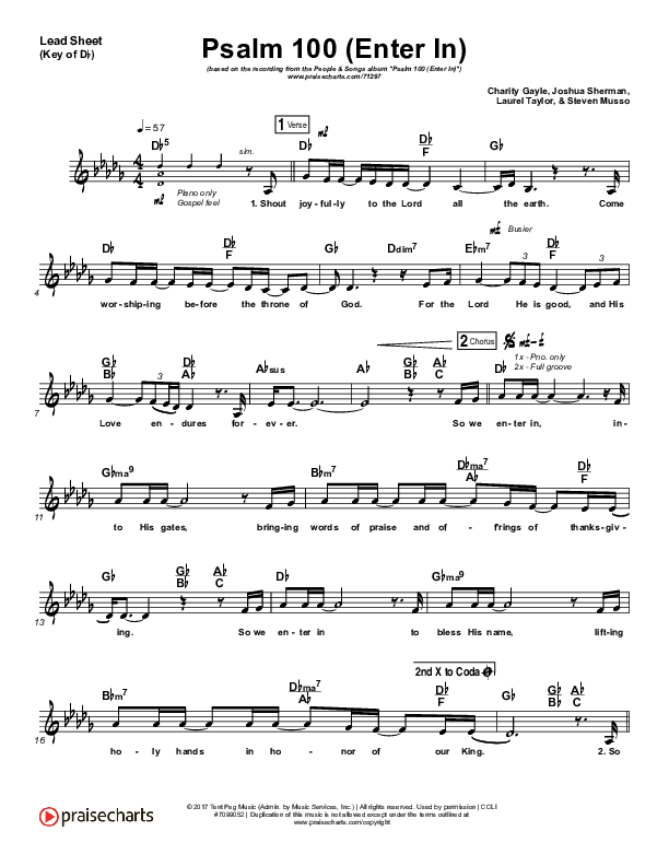 Psalm 100 (Enter In) Lead Sheet (Melody) (People & Songs / Joshua Sherman / Charity Gayle / Steven Musso)